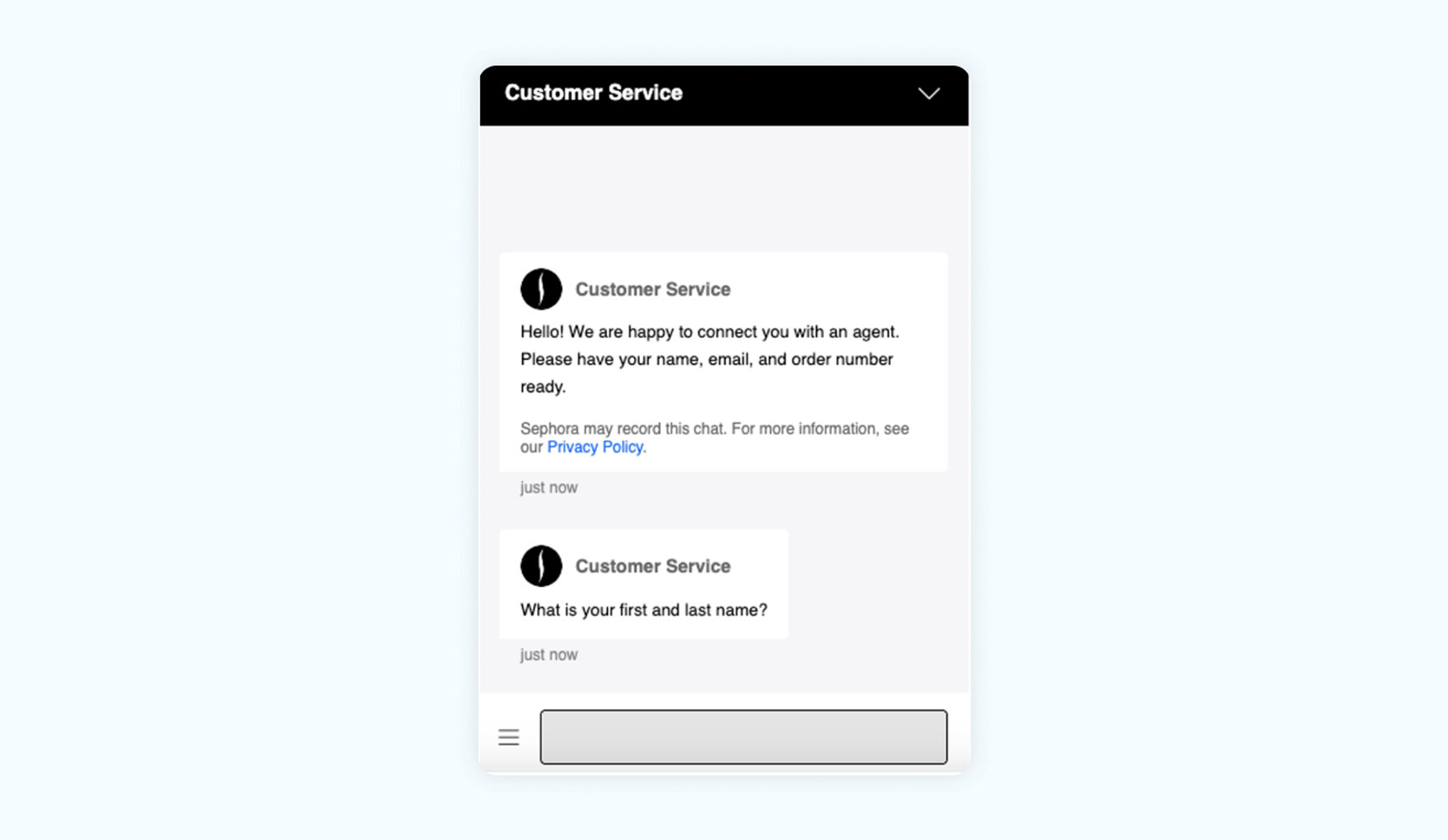 A screenshot of a live chatbot for customer service. 