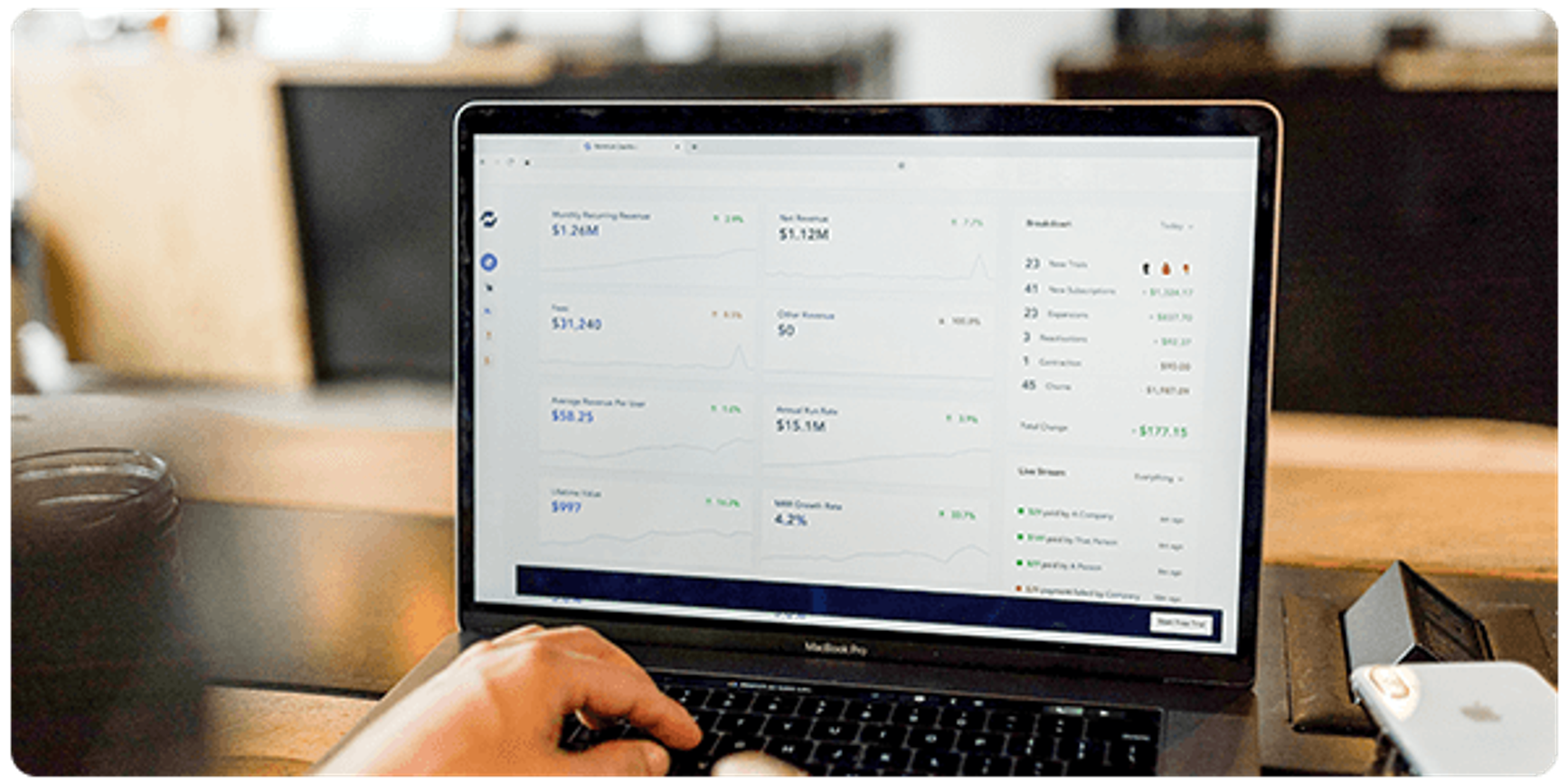 A photo of a dashboard showing financial graphs and transactions.v