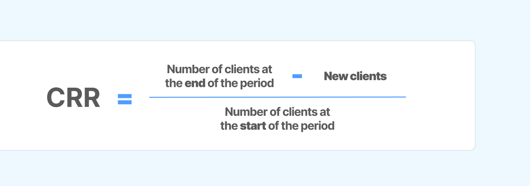A visual formula showing CRR = Number of clients at the end of the period minus New Clients divided by Number of clients at the start of the period.