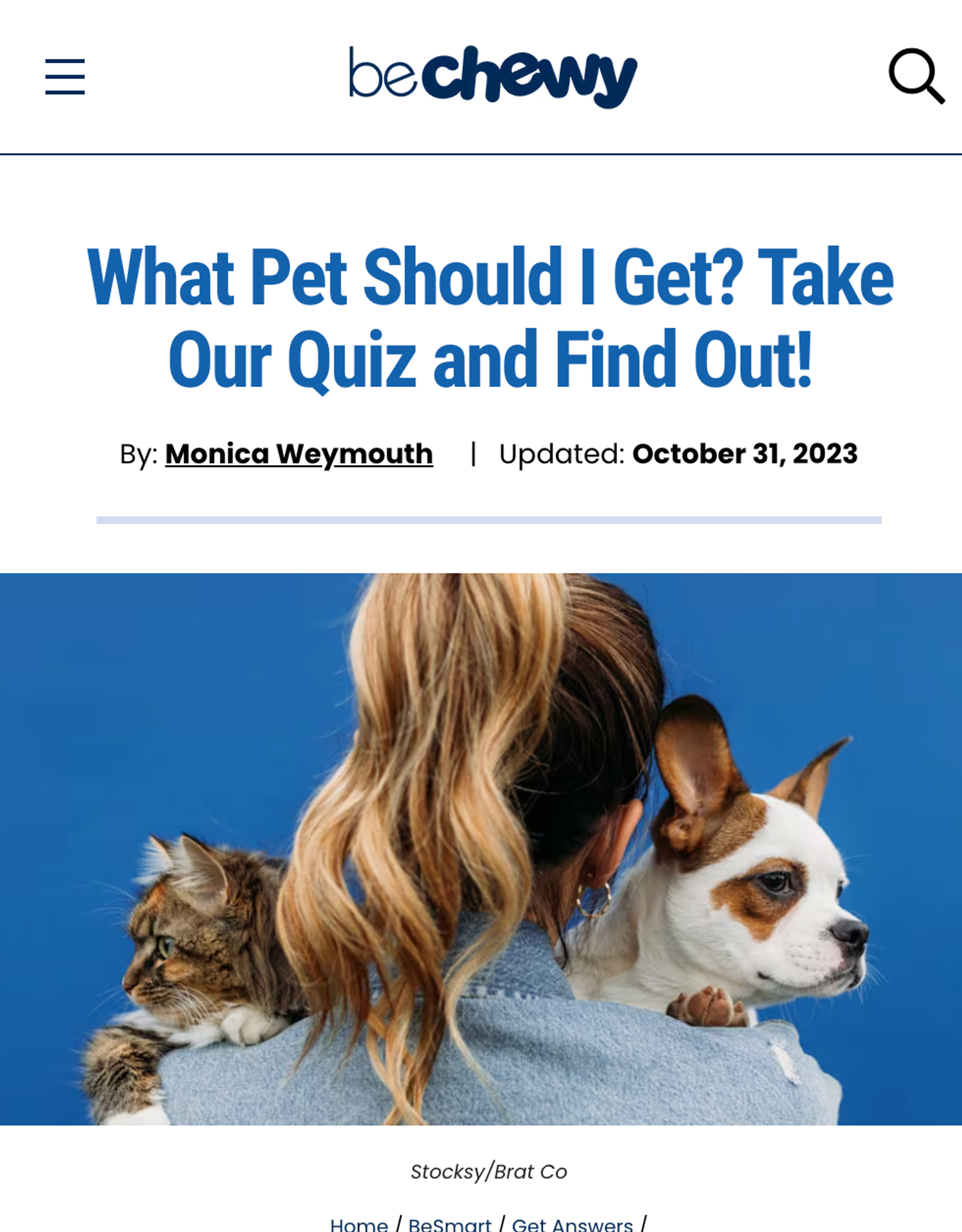 screenshot of chewy website featuring pet quiz and woman holding a dog and cat