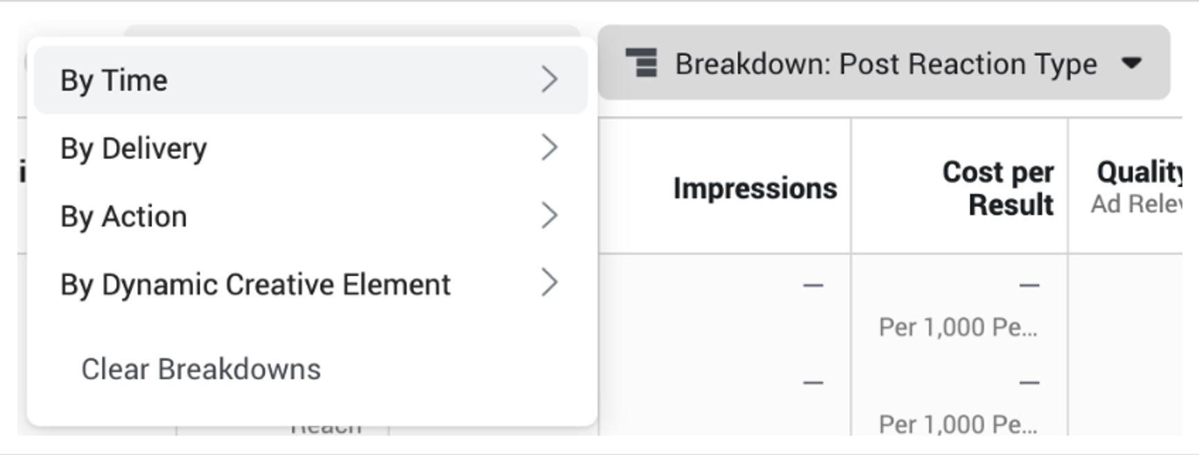 facebook ad breakdown settings