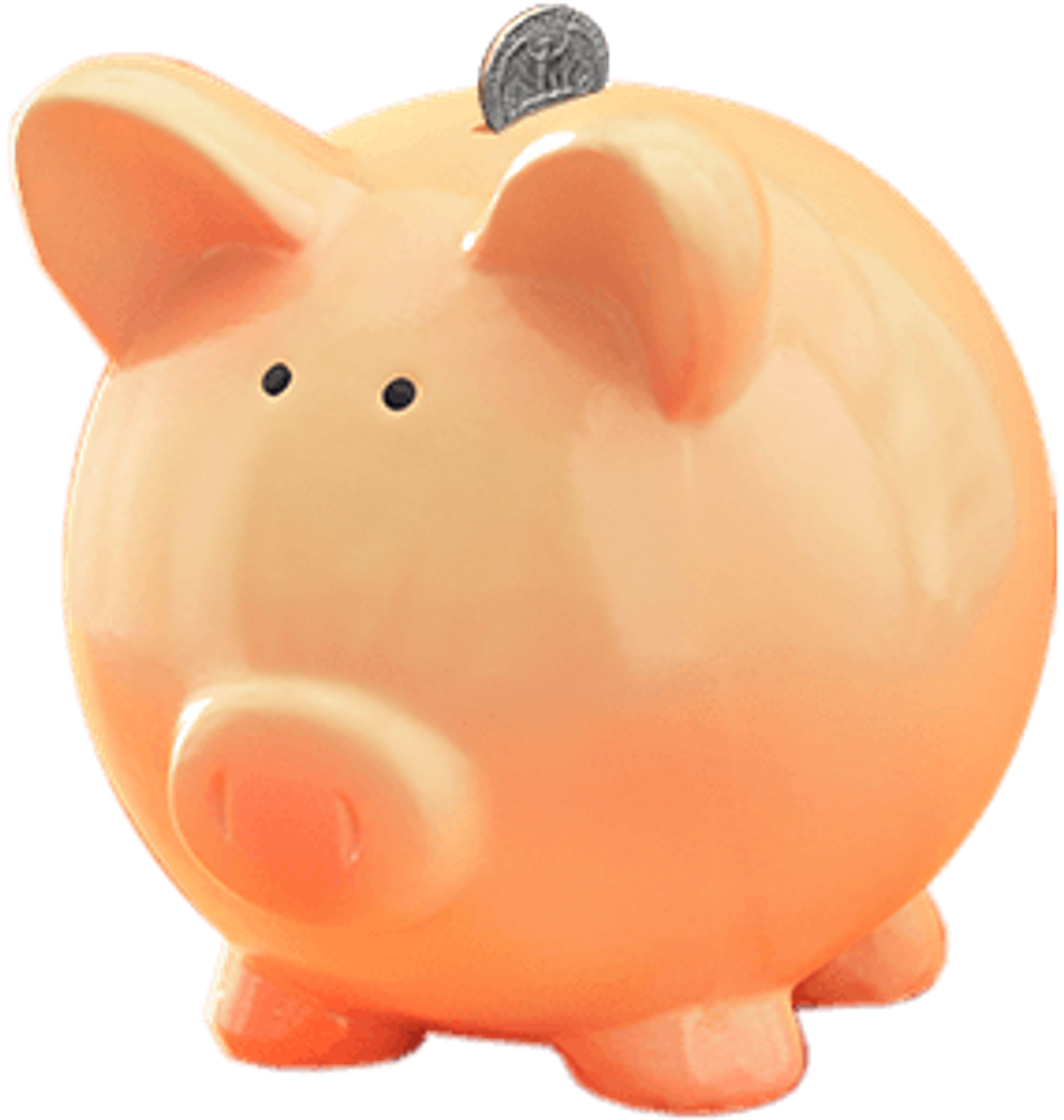 A quarter being dropped into a large piggy bank.