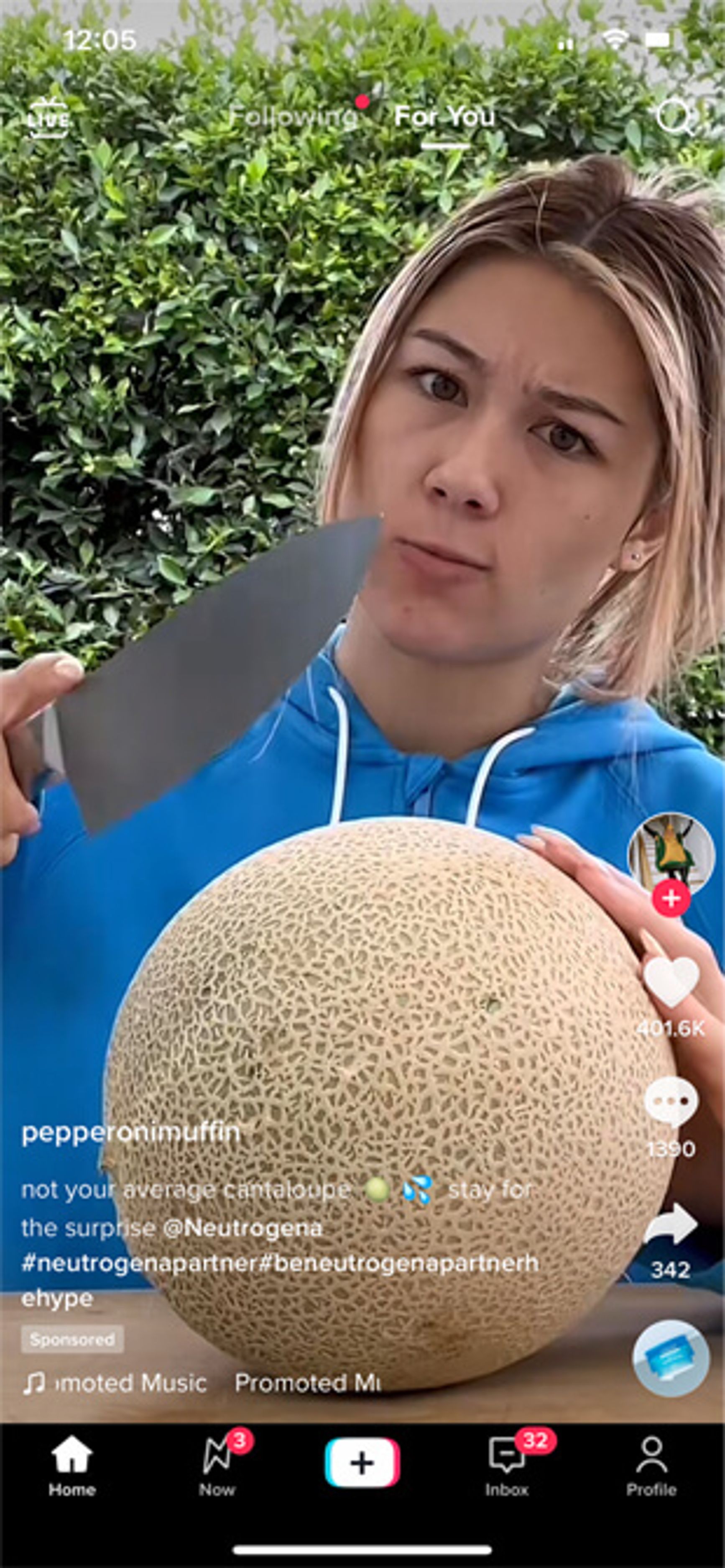 A screenshot of an ad on TikTok where a woman with a quizzical expression is holding a knife above a cantalope.