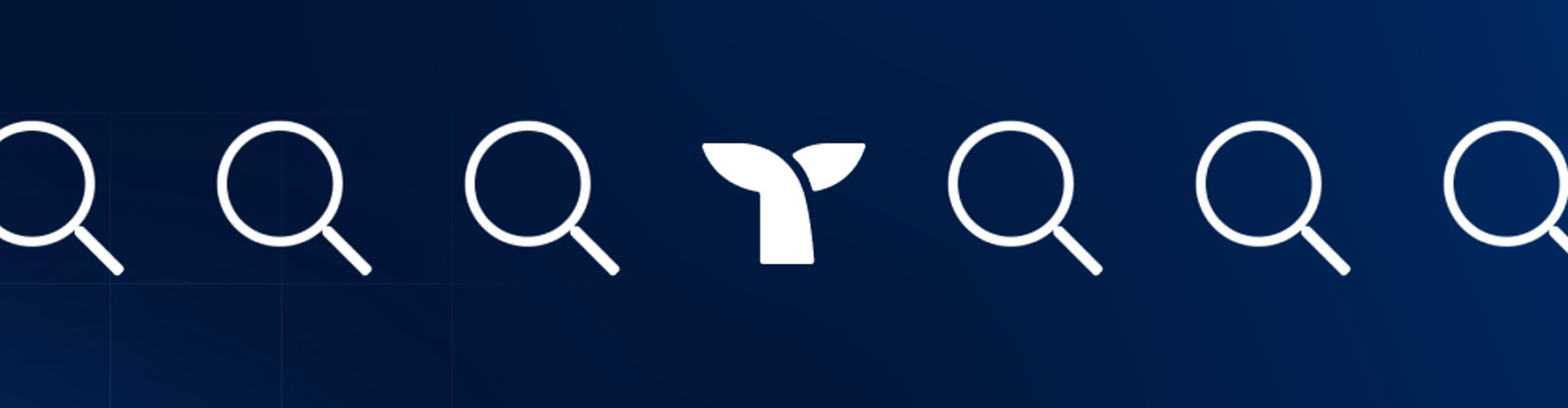 white graphics on dark blue background: search icon/magnifying glass in repeating pattern with triple whale logo in the middle