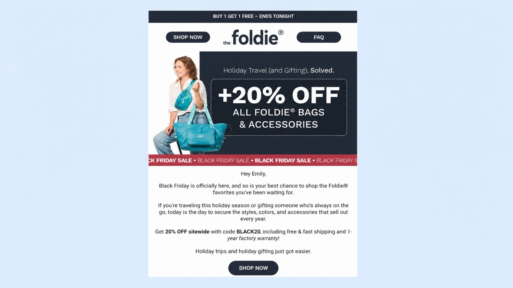 Image showing a BFCM email promotion for the company Foldie