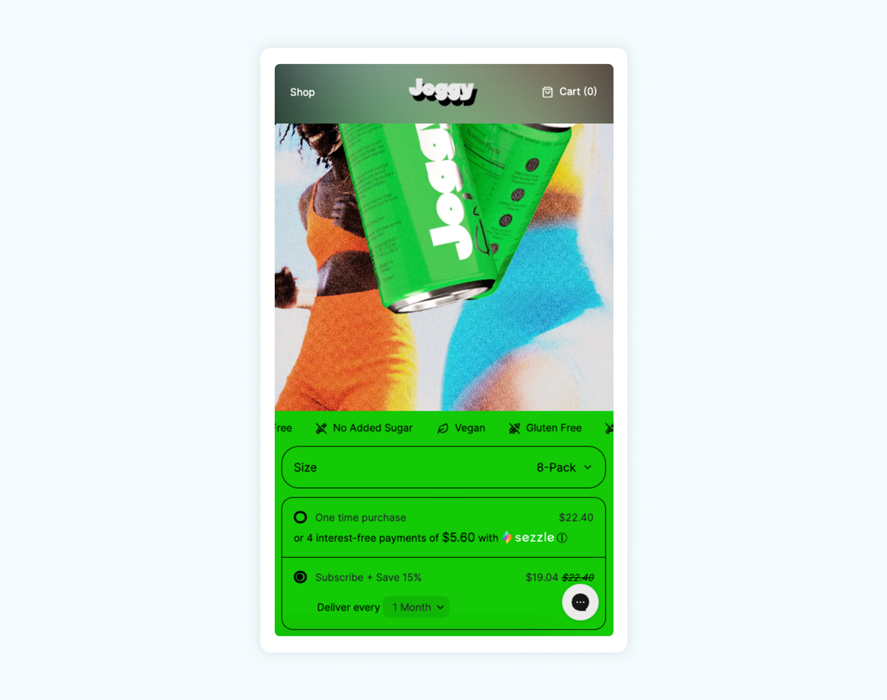 A screenshot of Joggy app, with vibrant colors, showcasing a way to Subscribe and Save.