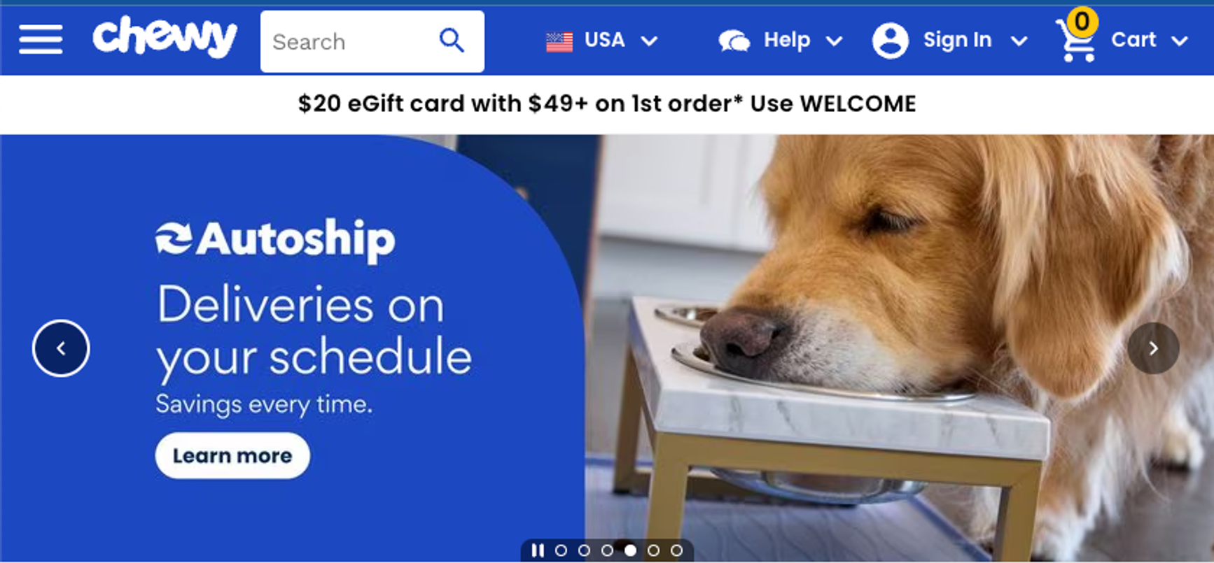 screenshot of chewy website featuring a dog