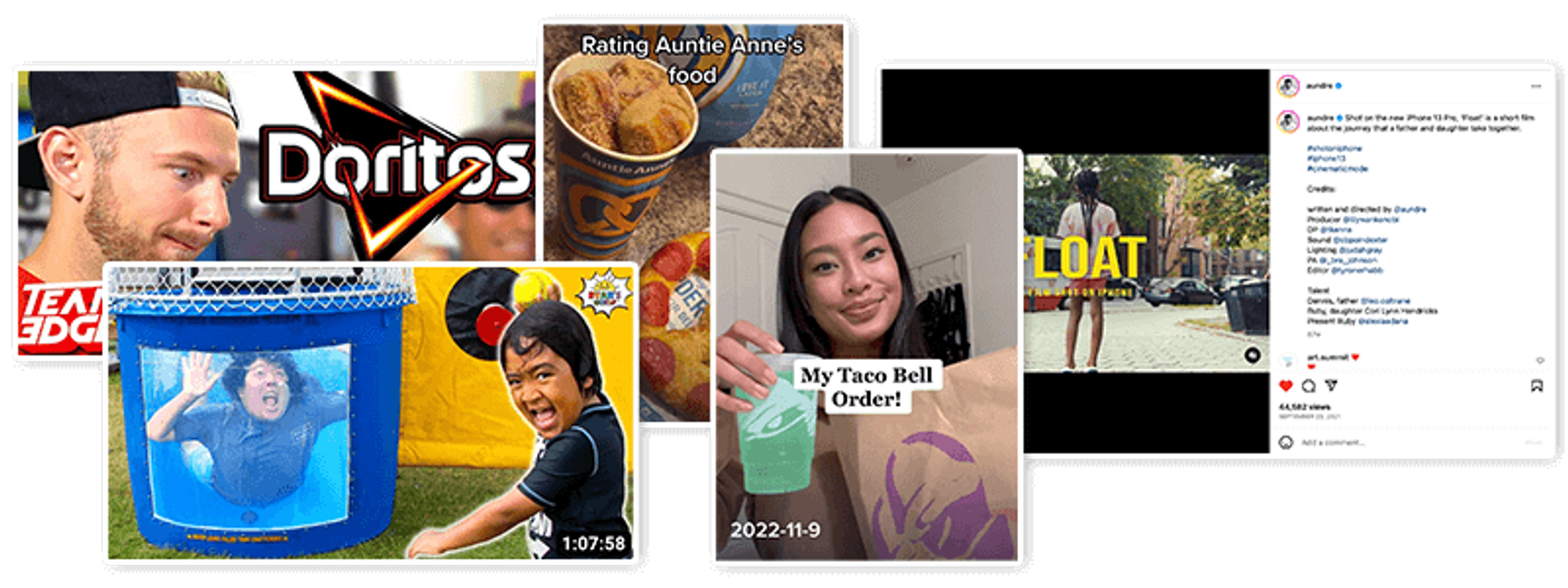 A collage of screenshots of user generated content from Youtube, TikTok and Instagram.