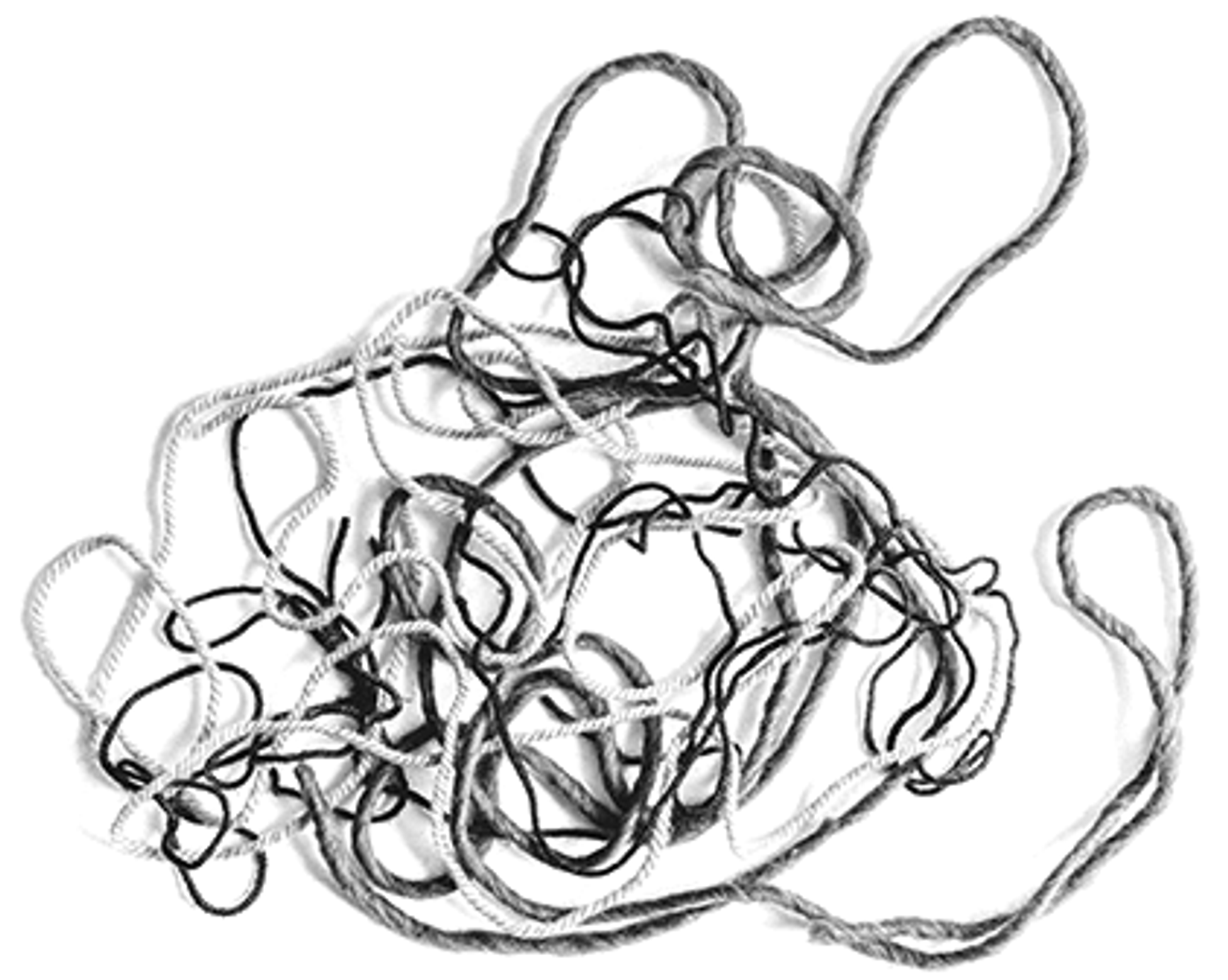 A photo of pieces of yarn and string all tangled together.