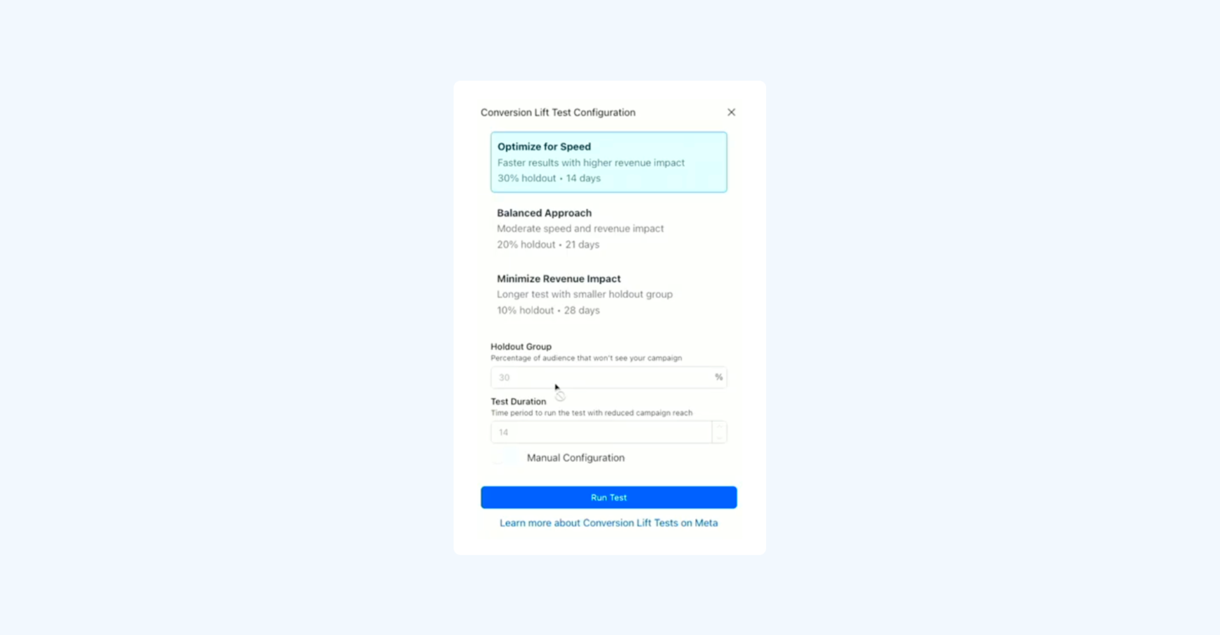 A screenshot within an interface showing the configuration for a Conversion Lift Test, with "Optimize for Speed" highlighted.