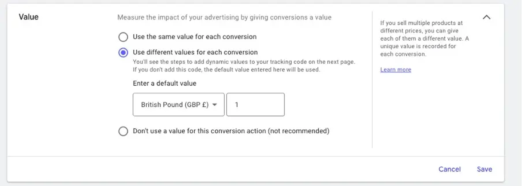 A screenshot of setting up "Value" in Google Ads.