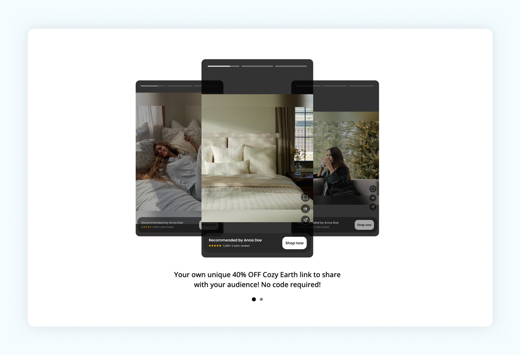 A screenshot o Cozy Earth, with images of cozy beds, bed linen, and bedrooms, with women sleeping peacefully and sipping coffee.