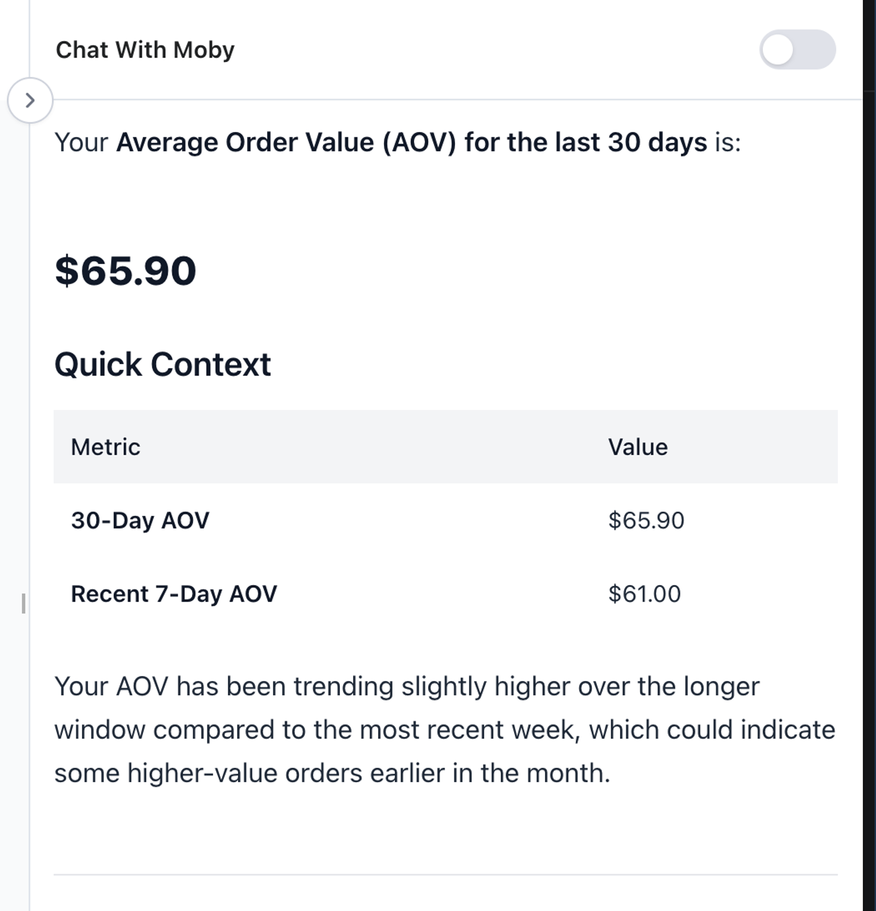 Chat with Moby about AOV data