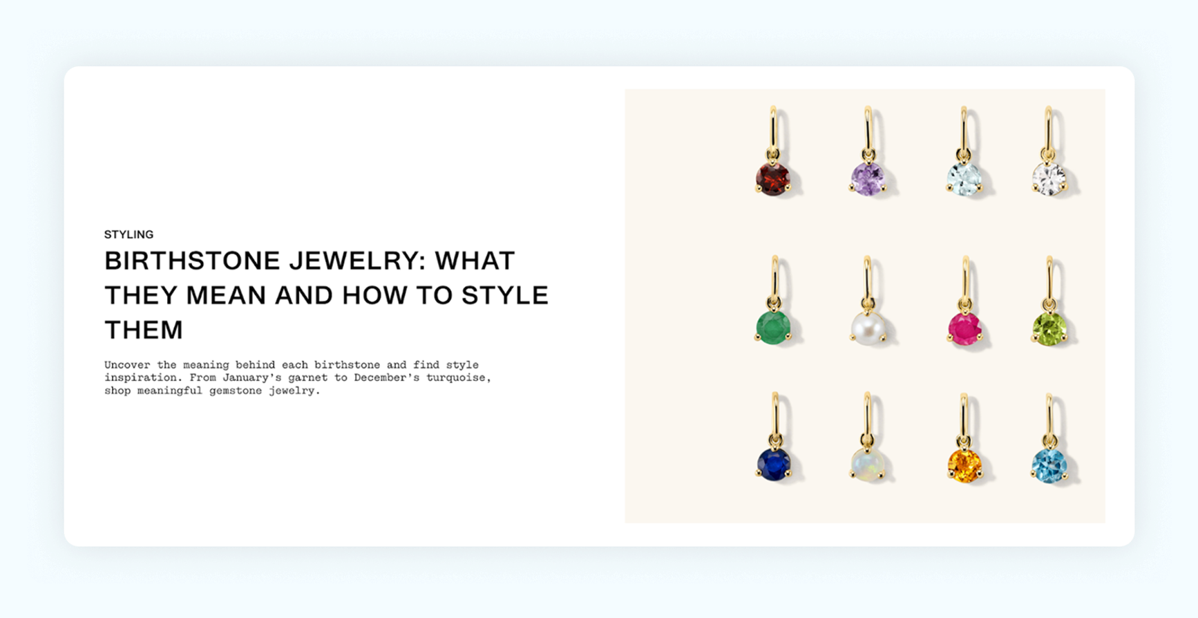 A screenshot of Mejuri jewelry hero section saying "Birthstone Jewelry."