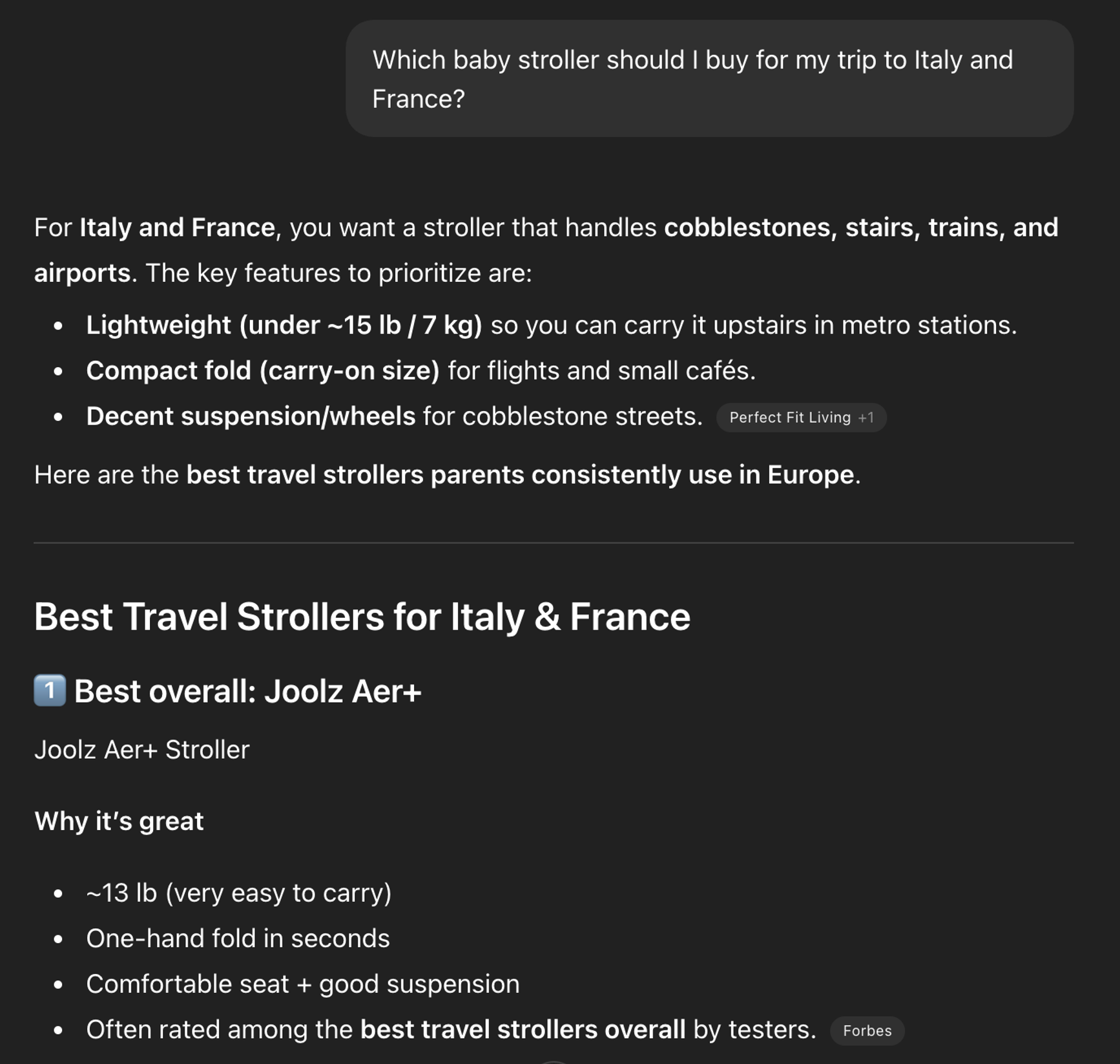 Screenshot of asking an LLM "Which baby stroller should I buy for my trip to Italy and France?"
