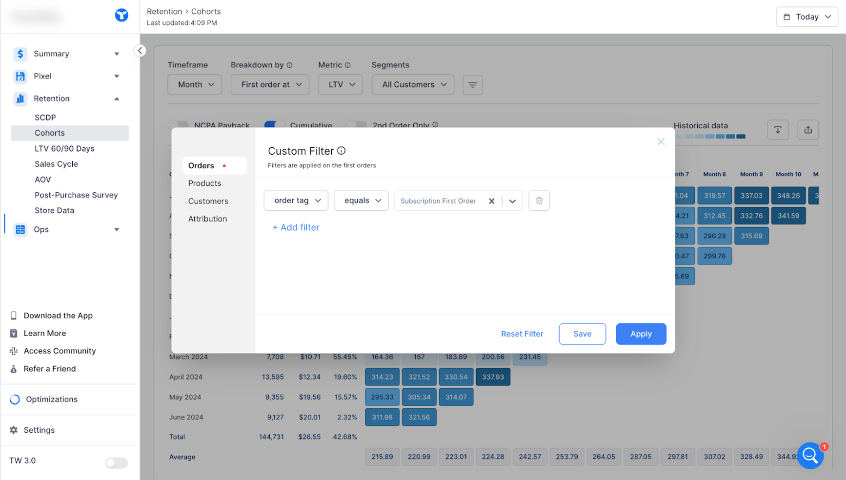 screenshot of Triple Whale cohort analysis tool