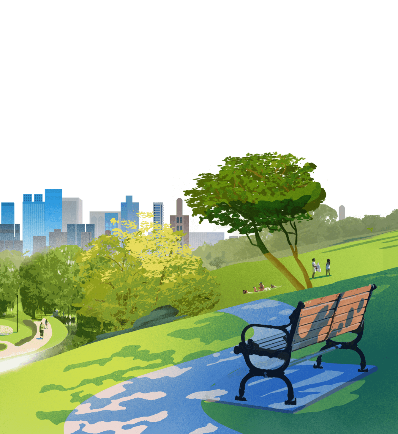 Park bench overlooking a green park area illustration.