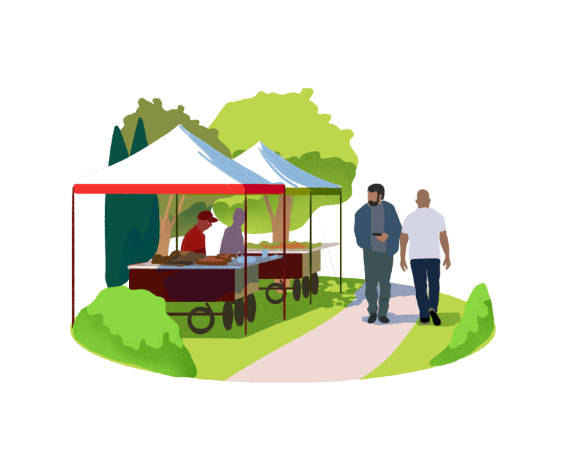 Food truck stalls set up in a park illustration