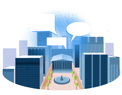 Community cityscape with messages appearing from the town hall illustration.