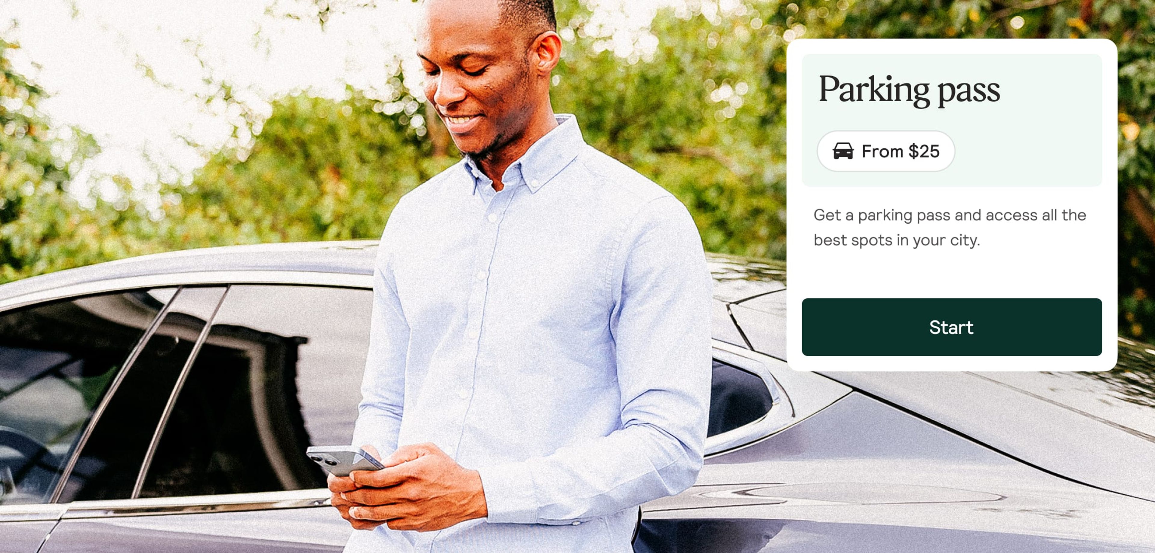 Photograph of man leaning on his car with parking pass overlay