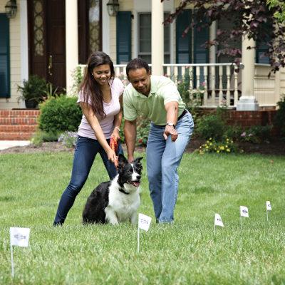 people and pet in yard