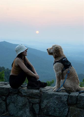 Sunshine and Sancho are sitting on a rock wall while the moon hangs low in the sky. Sunshine is smiling at Sancho.