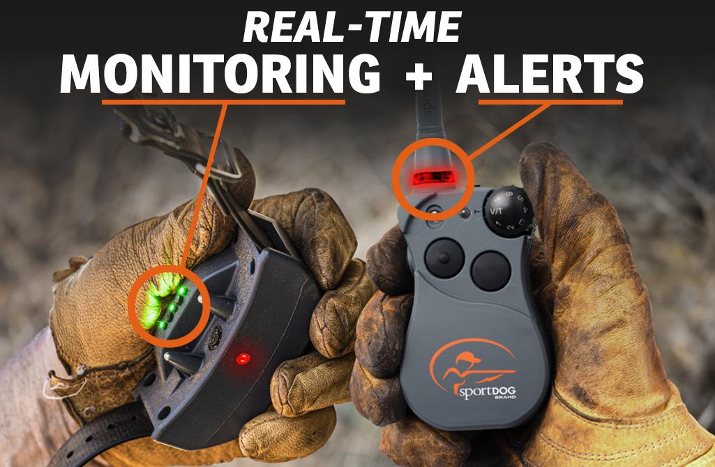 gloved hands holding e-collar system with callouts showing where the collar monitors the dog's vitals and where the remote alerts