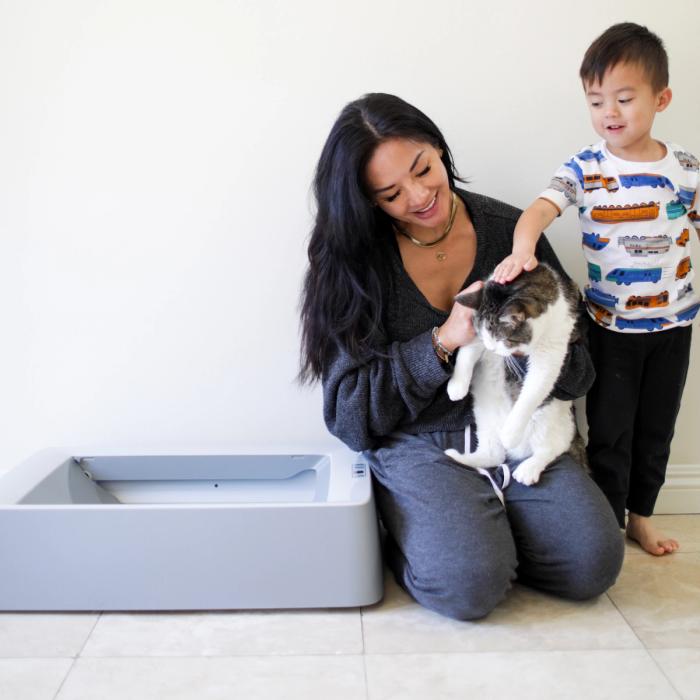 family and cat and automatic litter box