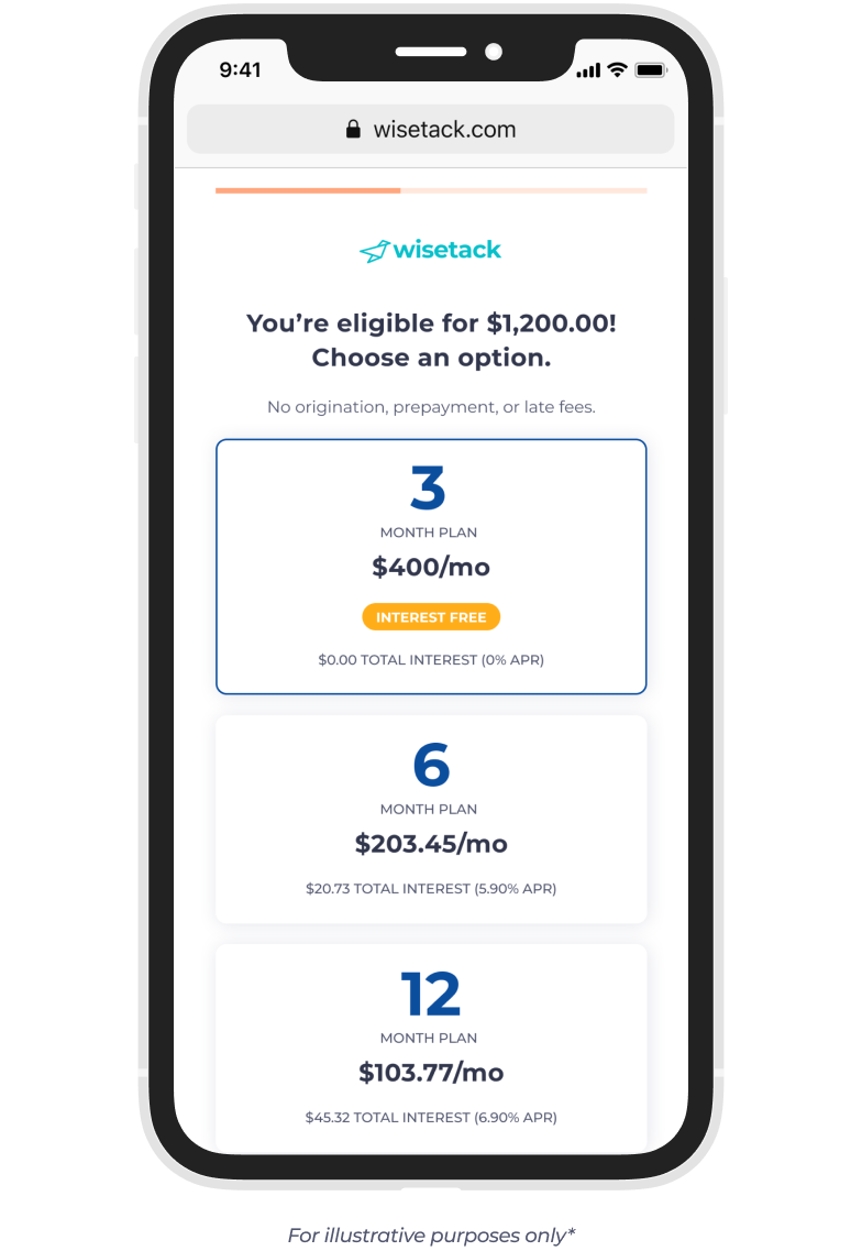 Wisetack offer financing screen display 3, 6 and 12 month payment options