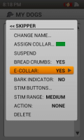 screenshot of menu choosing e-collar