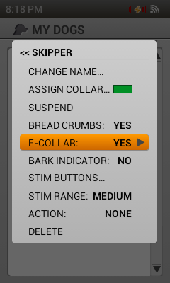screenshot of menu choosing e-collar