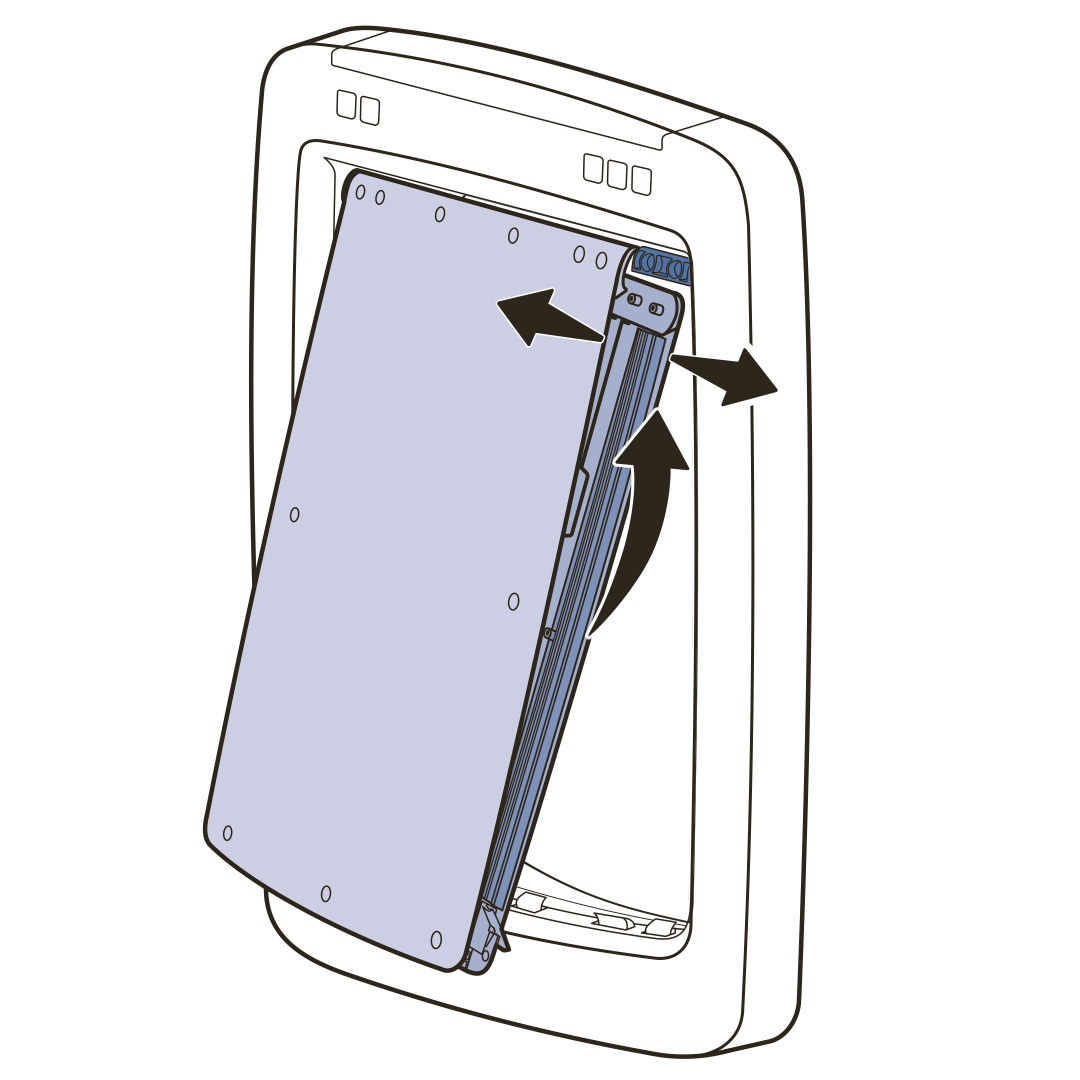 Fit interior and exterior flaps over right hinge pin