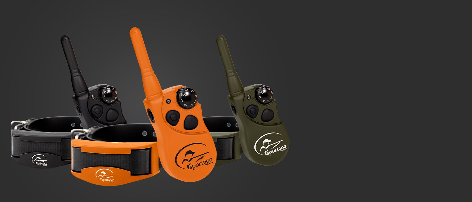 three colors of the SportDOG YardTrainer 300 collars and remotes