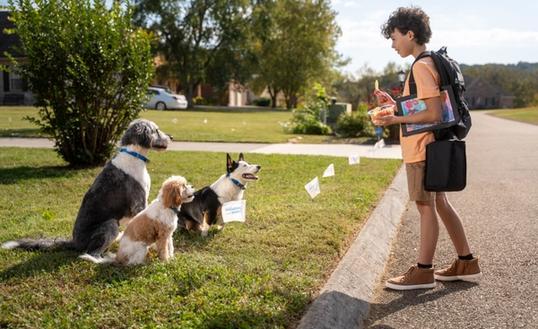 3 dogs obeying their Invisible Fence Boundary, indicated by a branded flag in the ground