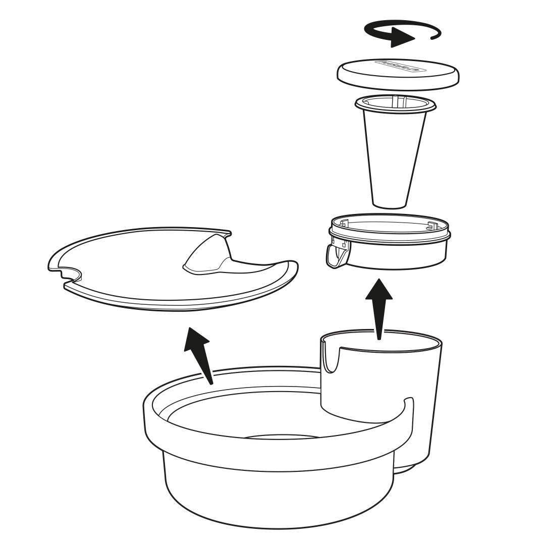 Unscrew Lid and Remove Spout, Cone and Tray