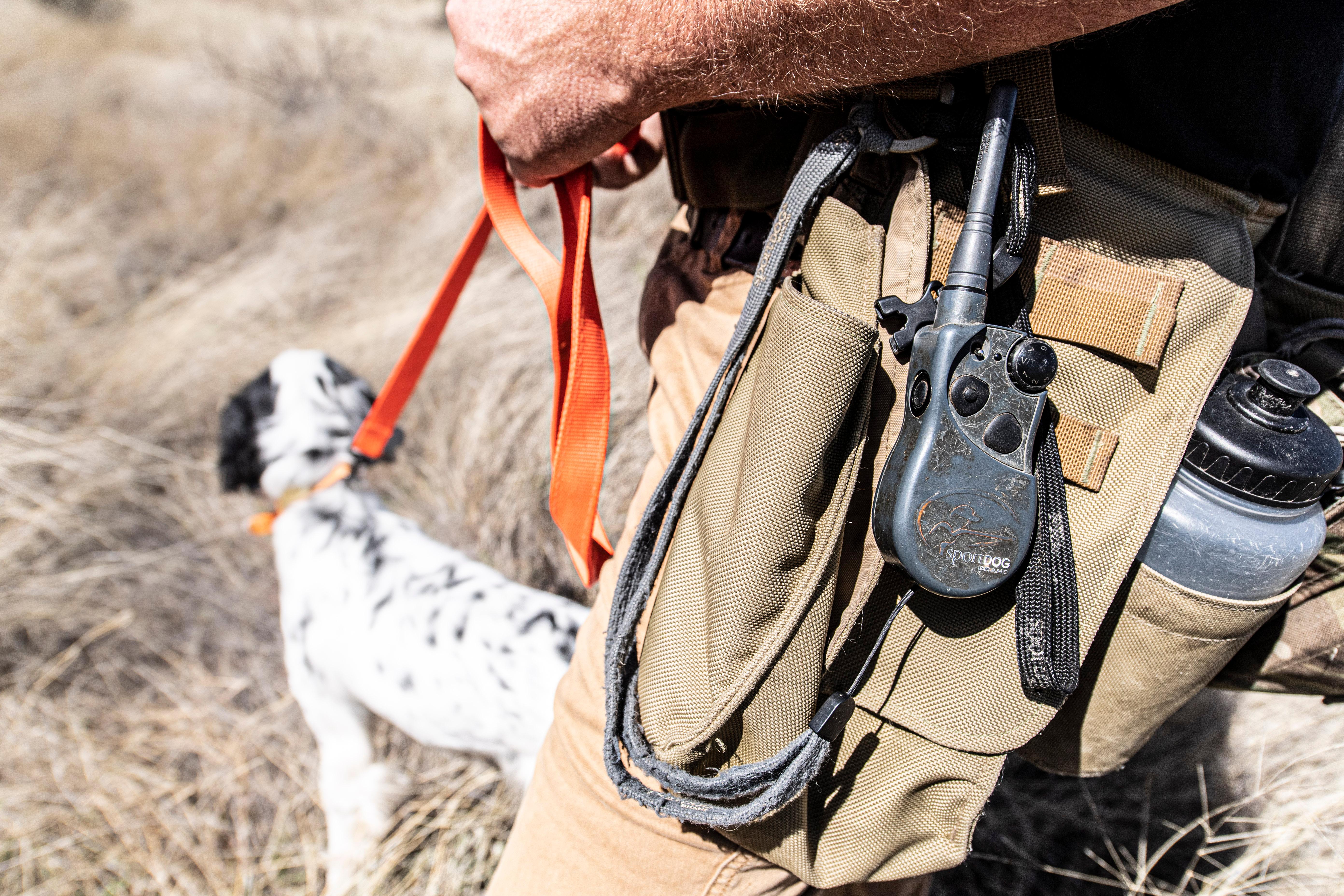 An old, battered e-collar remote clipped to someone's pocket who is holding his dog's lead