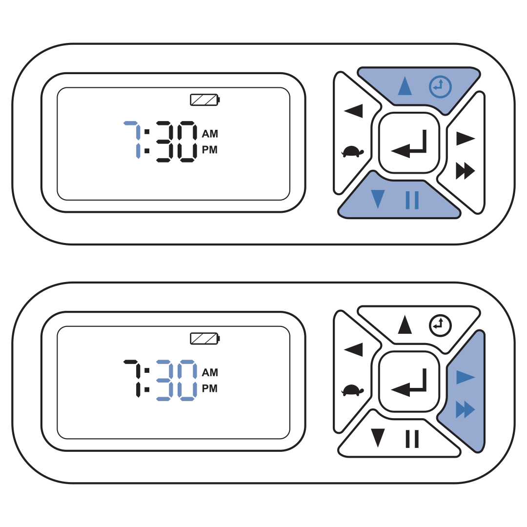 Use Up-Down To Set Hour And Right Button To Change Minutes