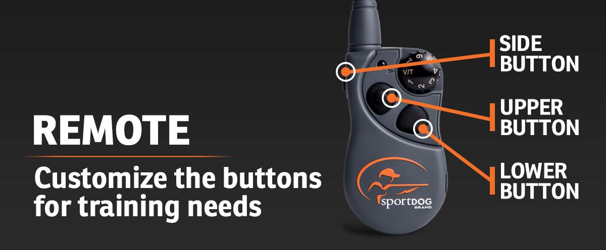 Remote - Customize the buttons for training needs. e-collar remote with indicators calling out the different buttons.