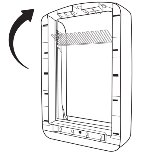 Lift frame to upright position, press manual rake button