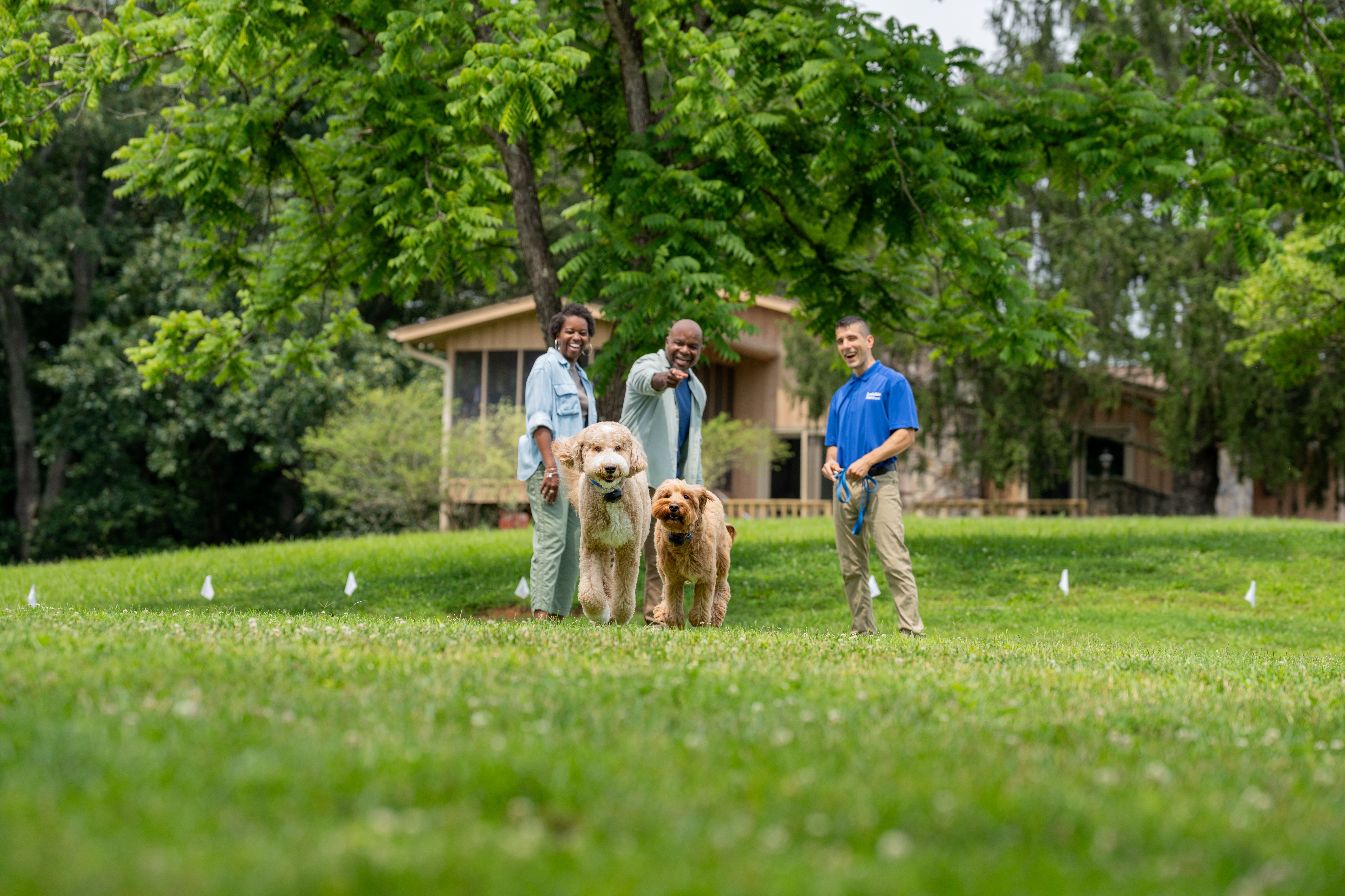 A couple and their two labradoodles getting trained by an Invisible Fence Trainer on their new system