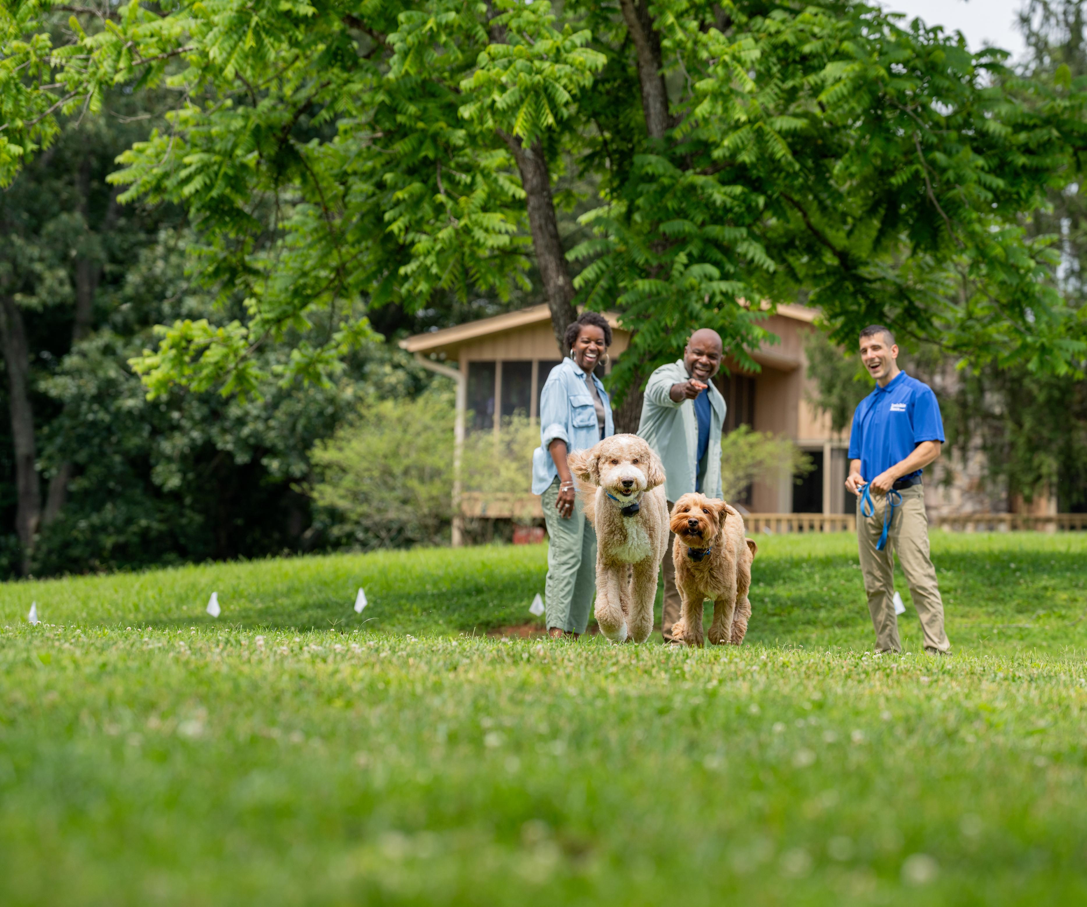 A couple and their two labradoodles getting trained by an Invisible Fence Trainer on their new system