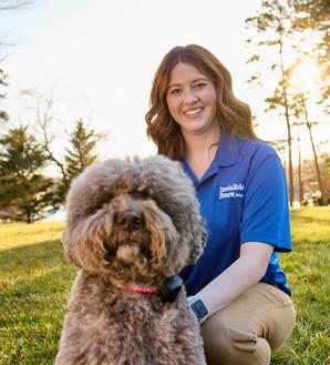 invisible fence trainer works with a poodle in the yard
