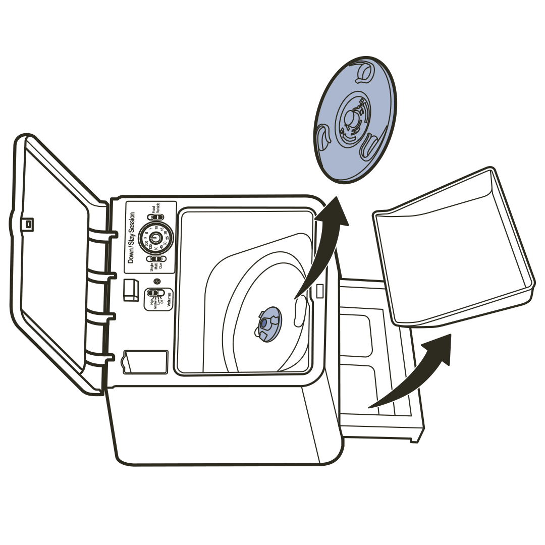 teach-&-treat-how-to-clean-remote-trainer-remove-tray-liner-&-kibble-disk-illustration