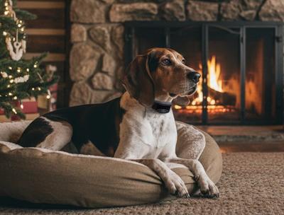 Dog by the Christmas tree wearing a SportDOG e-collar