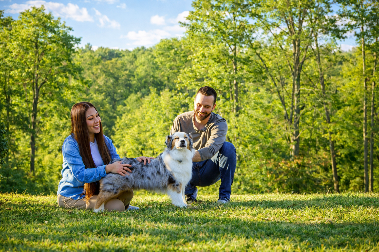 couple and their dog in the yard wearing an Invisible Fence® Collar 