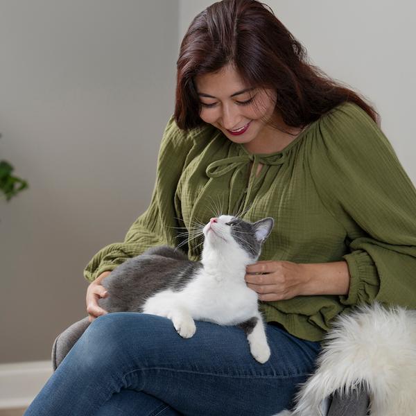 Woman stroking a grey and white cat