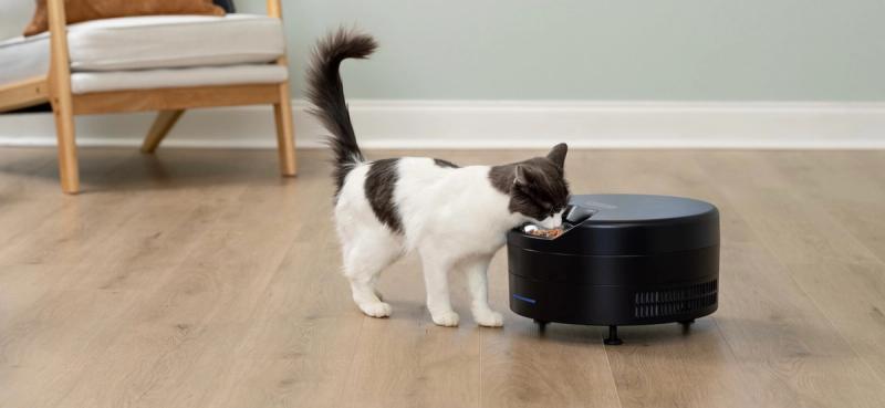 Brown and white cat eating from black FreshFeed refrigerated pet feeder