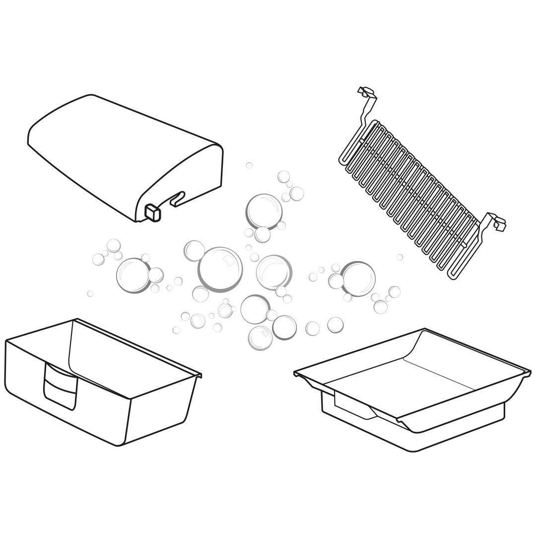 Wash tray, bin, cover, and rake