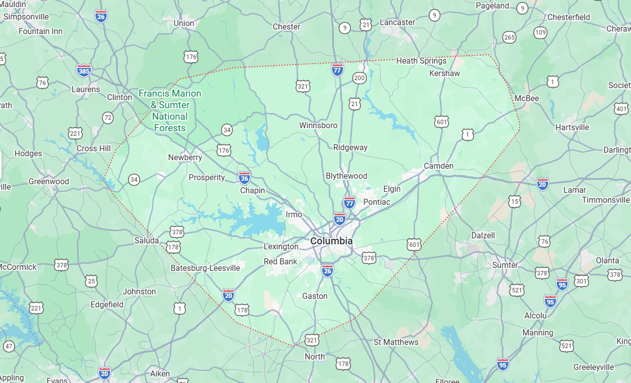 Map Pin Drop of the Invisible Fence of South Carolina - Greater Columbia Location