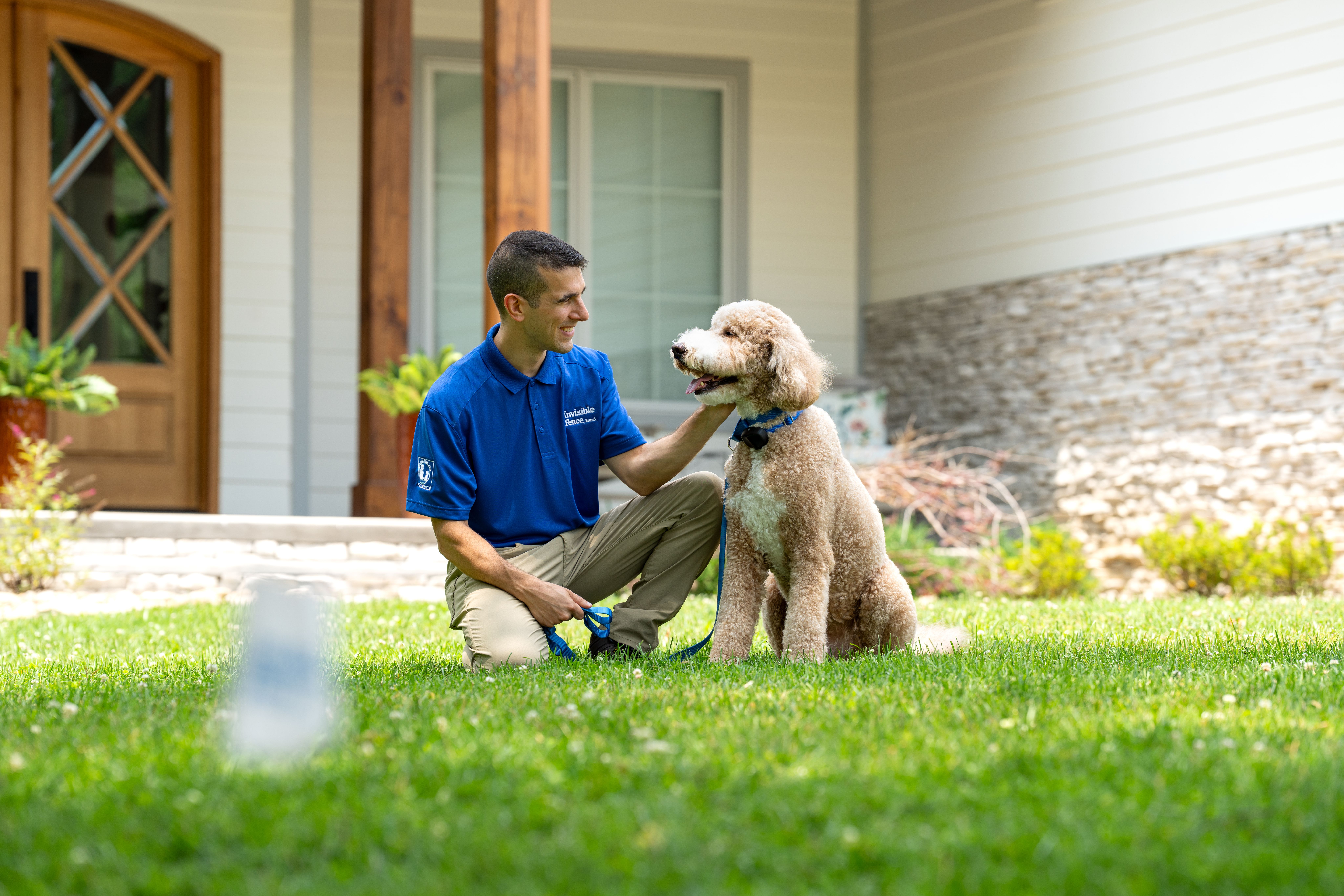 Invisible Fence trainer teaching golden doodle 
